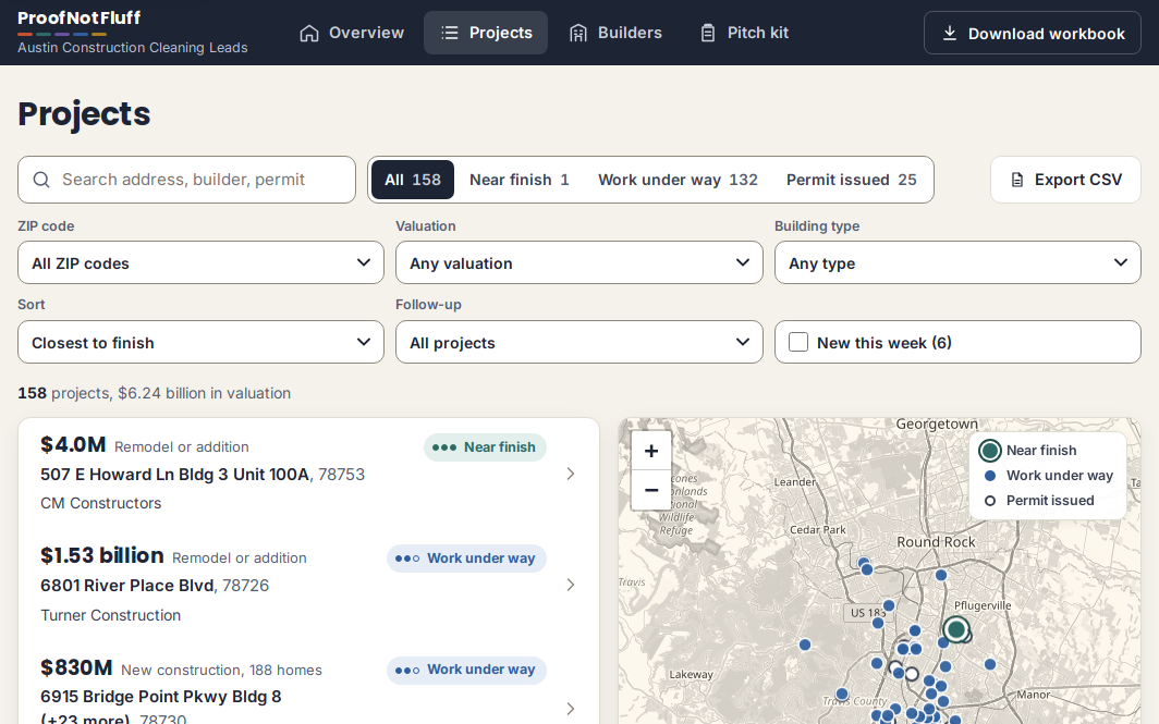 The members' app: the project list with valuation, address, builder and stage for each project, stage tabs, filters for ZIP code, valuation and building type, and a CSV export button